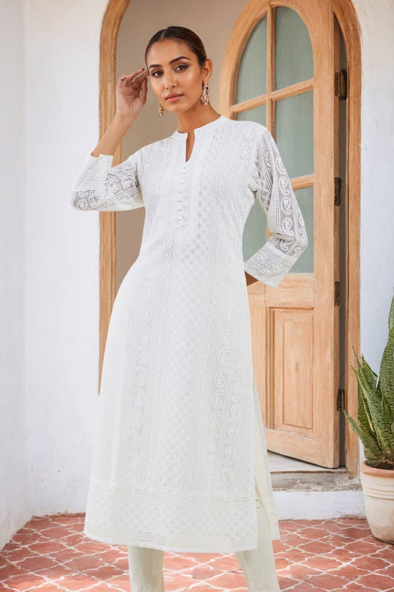 Off White Georgette Straight Kurta With Self Embroidered Designs - View 5