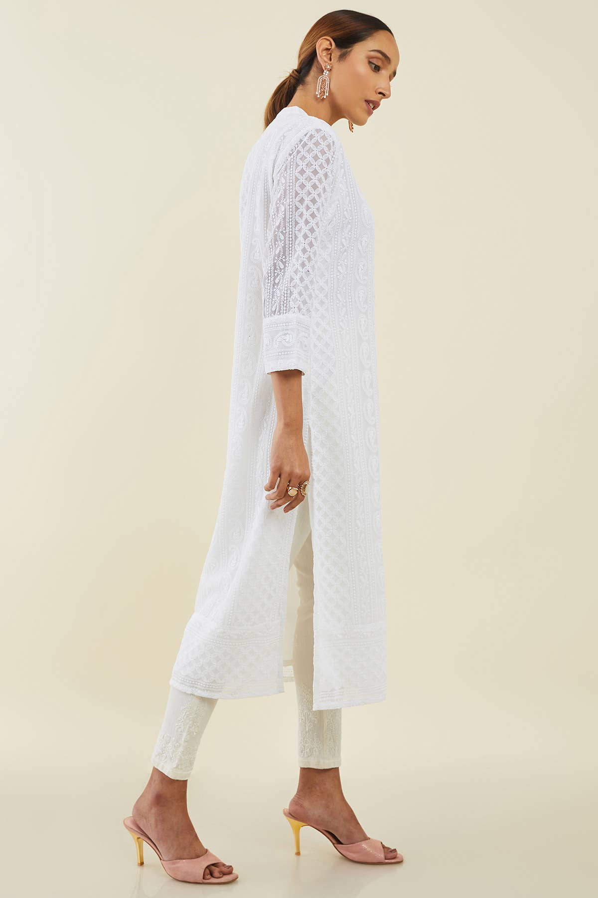 Off White Georgette Straight Kurta With Self Embroidered Designs - View 2