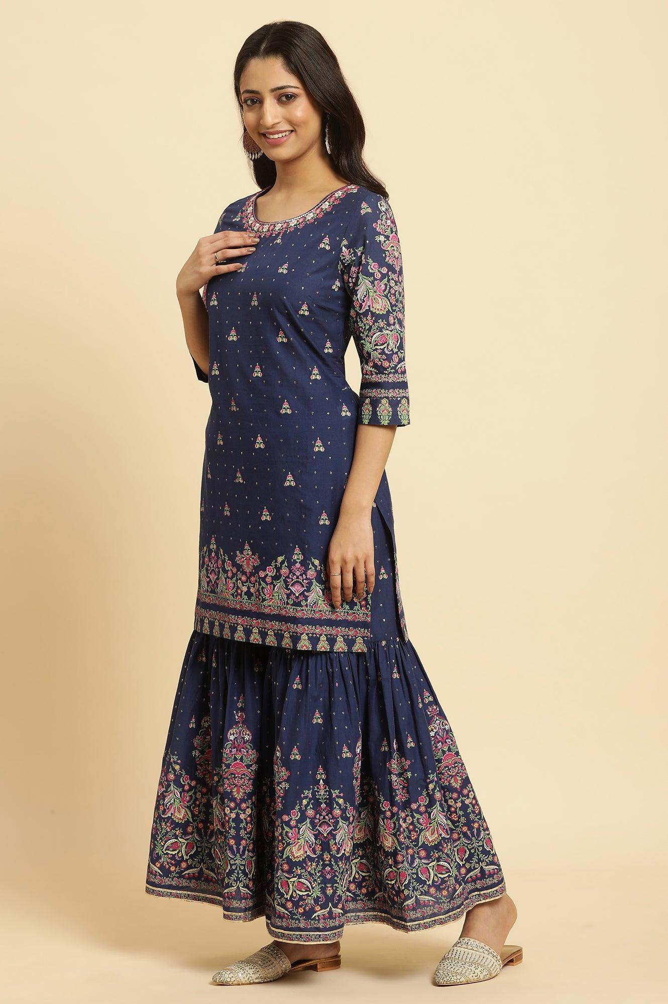Blue Floral Printed Kurta, Sharara And Dupatta Set - View 3