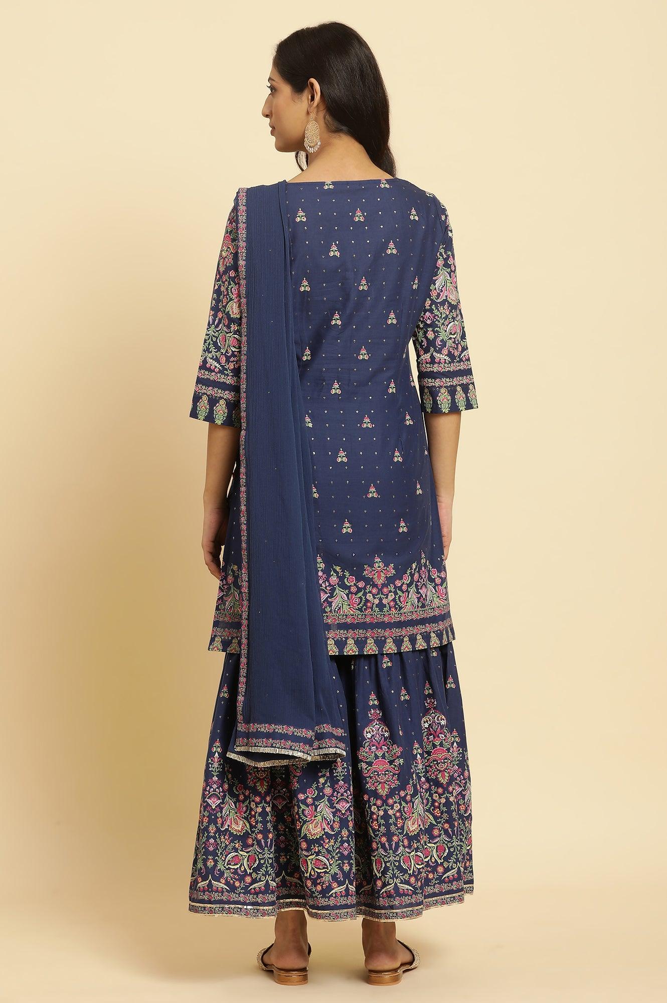 Blue Floral Printed Kurta, Sharara And Dupatta Set - View 4