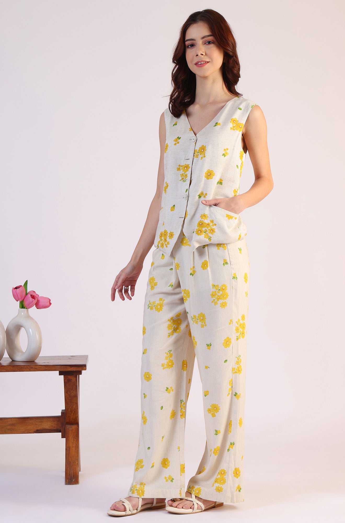 Floral Printed Rayon Top &amp; Parallel Pant Co-Ord Set - View 8