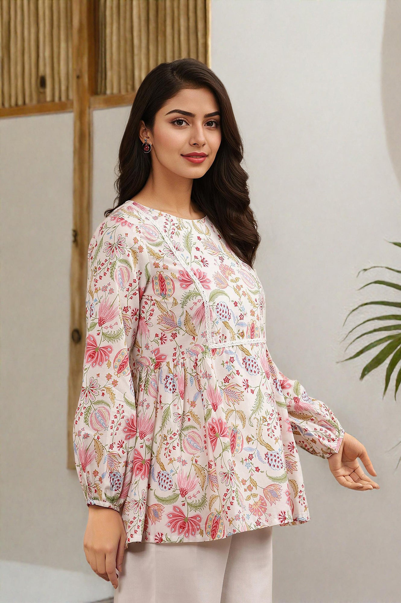 White Floral Printed Pure Cotton Top And Parallel Pants Set - View 10