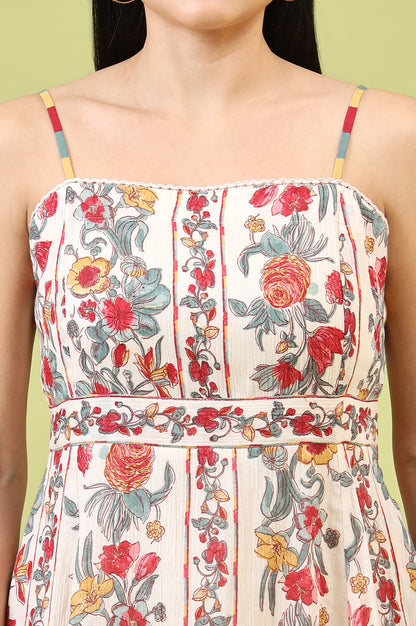 Off-White Vibrant Floral Printed Pure Cotton Flared Spaghetti Dress - View 5