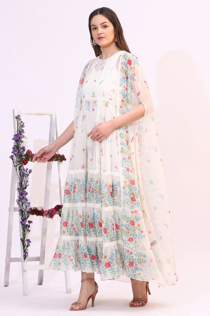 White Floral Printed Chiffon Tiered Flared Dress with Printed Cape - View 5