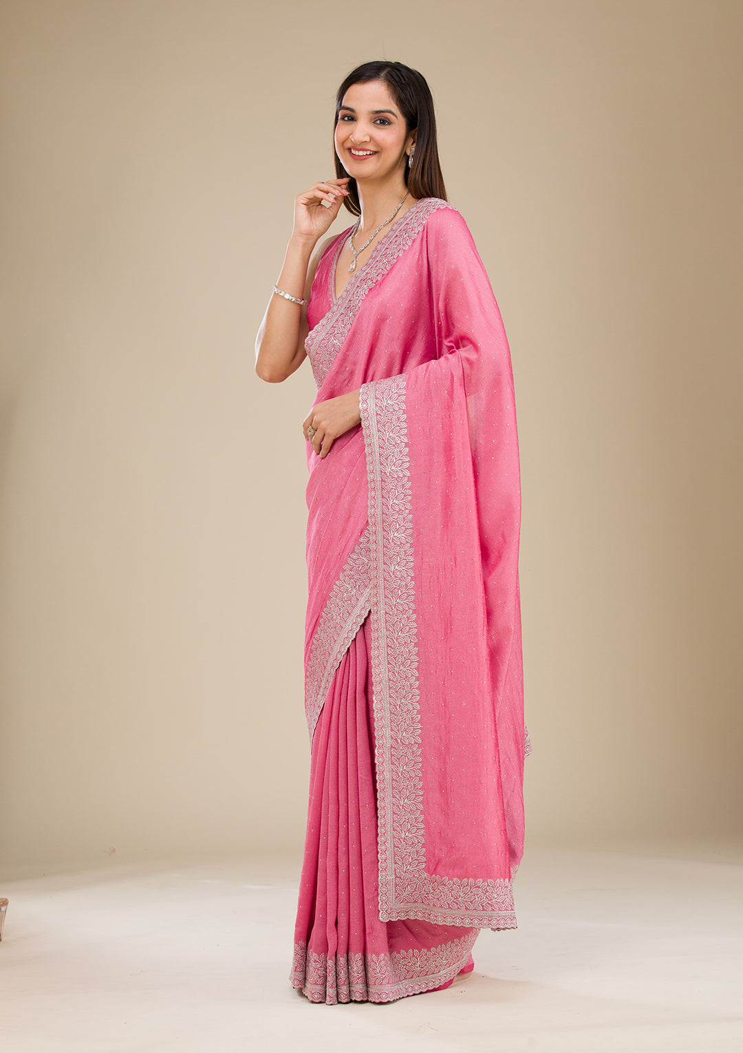 Onion Pink Zariwork Soft Silk Saree - View 2