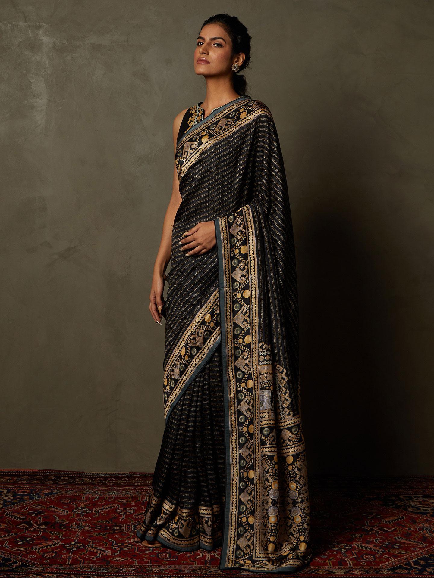 Black &amp; Beige Noni Saree With Stitched Blouse - View 4