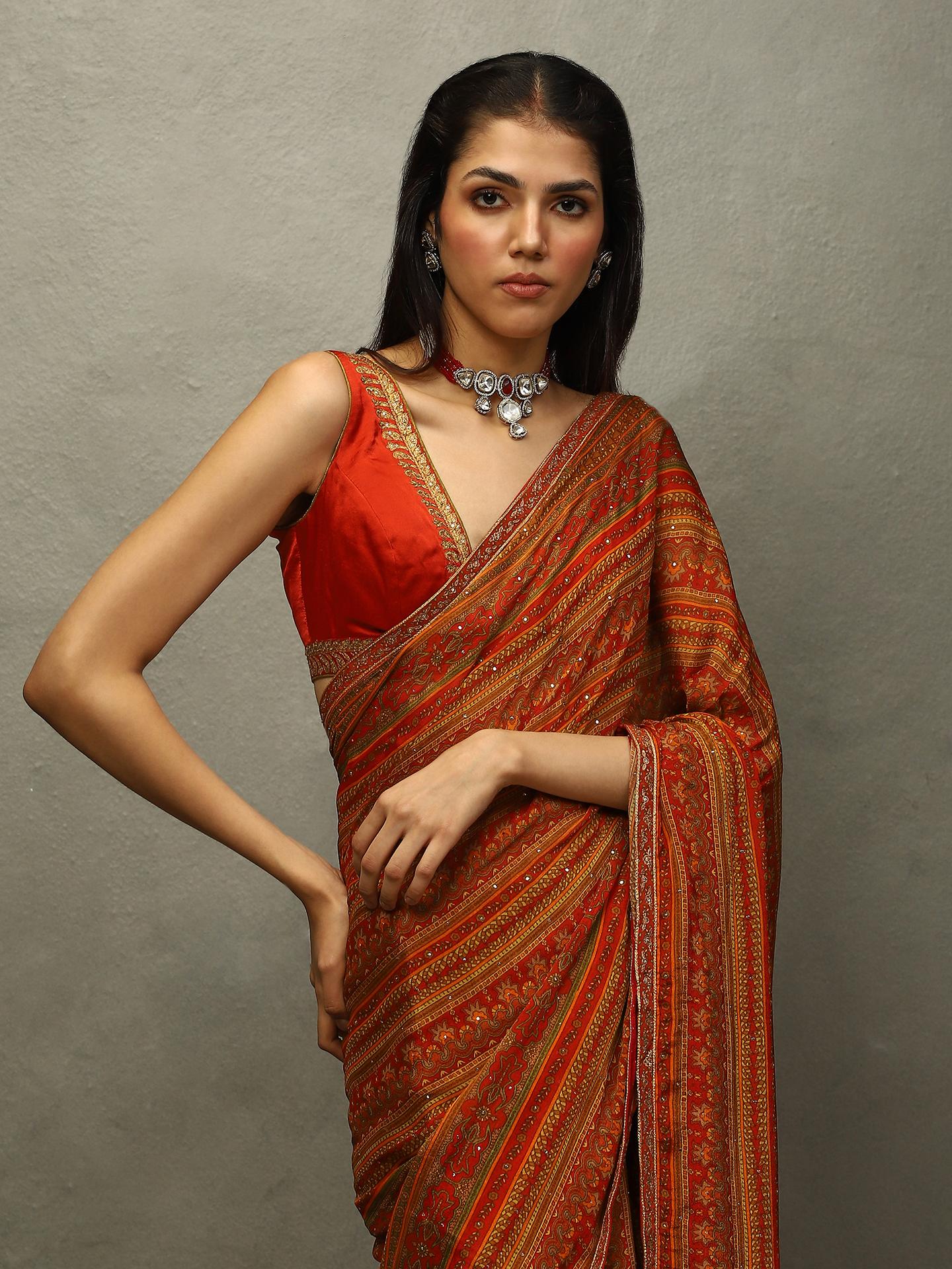 Red &amp; Beige Vasu Saree - View 3