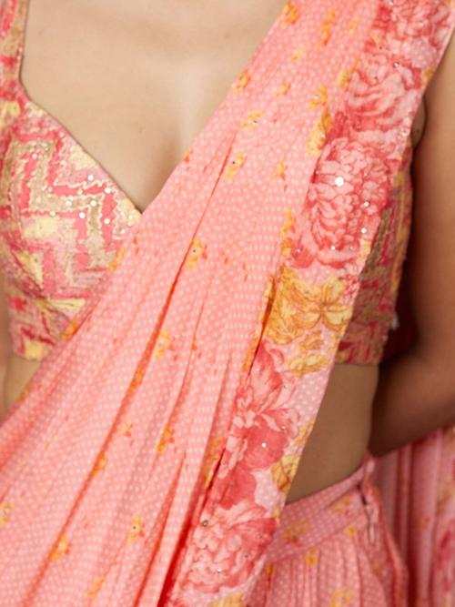 Coral Blue Rose Pre-Draped Saree - View 5