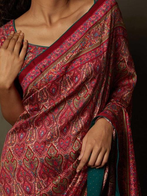 Pink &amp; Beige Shereen Saree With Unstitched Blouse - View 2
