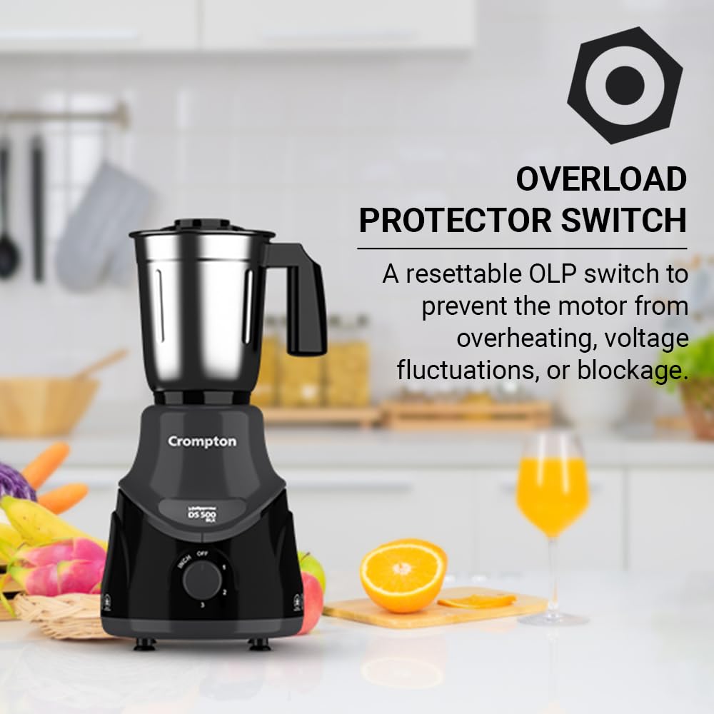 Crompton DS 500 BLK 500-Watt Mixer Grinder with Powertron Motor &amp; Motor Vent-X Technology (3 Stainless Steel Jars, Black &amp; Grey) - View 3