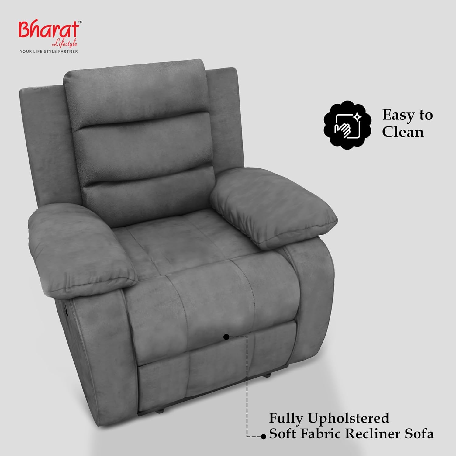 Bharat Lifestyle Austin Manual Recliner | 1 Seater Chair Sofa | Single Sofa Recliner| 3 Comfort Position | Wooden Frame | Suede Fabric | 1 Seater Recliner for Living Room Bedroom,1 Year Warranty, Grey - View 5