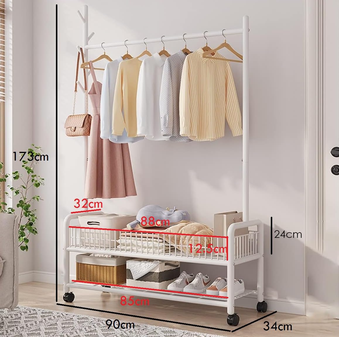 Lukzer | MGR-002 | White | Metal Cloth Stand & Garment Rack with Wheels, 2 Bottom Shelves & Single Rod – Space-Saving Clothes Organizer for Bedroom, Laundry, Entryway & More | 173 x 90 x 34 cm - View 4
