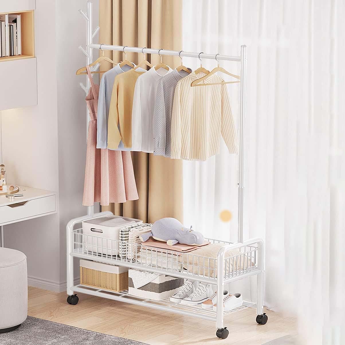 Lukzer | MGR-002 | White | Metal Cloth Stand & Garment Rack with Wheels, 2 Bottom Shelves & Single Rod – Space-Saving Clothes Organizer for Bedroom, Laundry, Entryway & More | 173 x 90 x 34 cm - View 2