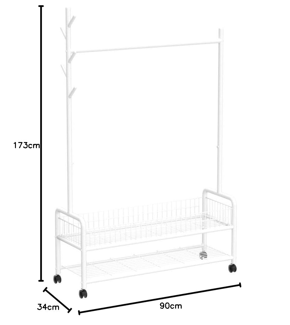 Lukzer | MGR-002 | White | Metal Cloth Stand & Garment Rack with Wheels, 2 Bottom Shelves & Single Rod – Space-Saving Clothes Organizer for Bedroom, Laundry, Entryway & More | 173 x 90 x 34 cm - View 5