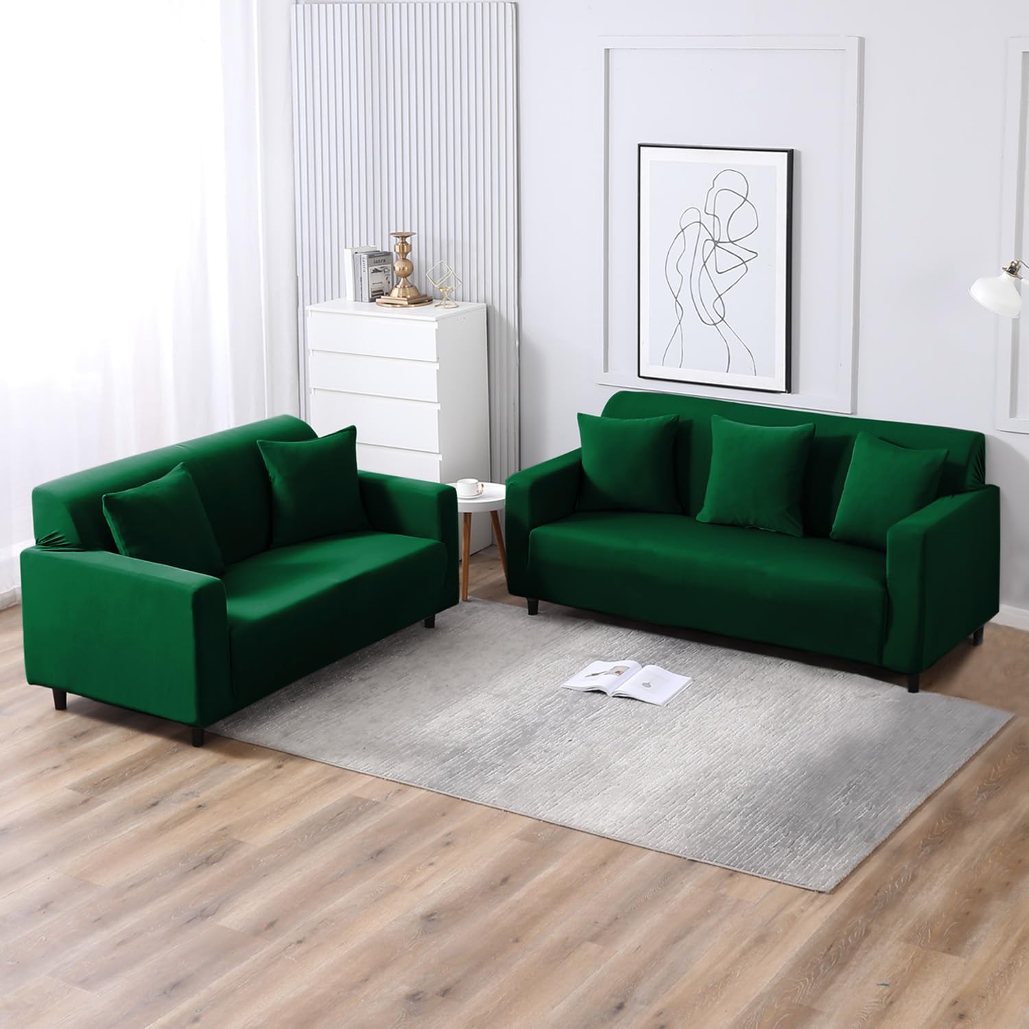 HOKIPO Printed 5 Seater Fully Covered Sofa Cover in 3 Seater and 2 Seater Configuration, Bottle Green (AR-4278-E25 + AR-4279-E25) - View 2