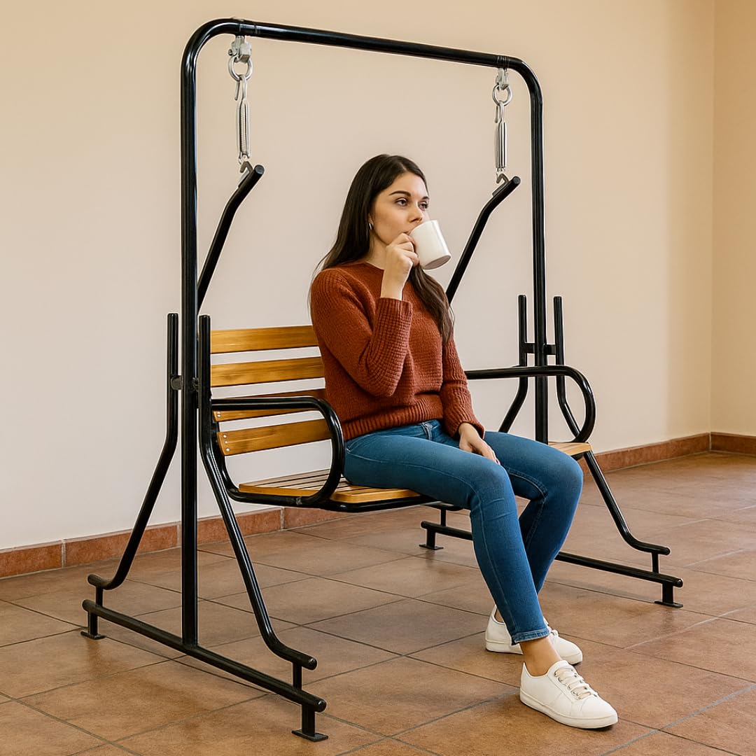 2-Seater Indoor &amp; Outdoor Swing - Natural Wooden Polished (50kg) | Upper Pipe Swing Jhula for Home and Blacony with Sturdy Stand | Strong 300 Kg Capacity Heavy Metal Swing - View 3