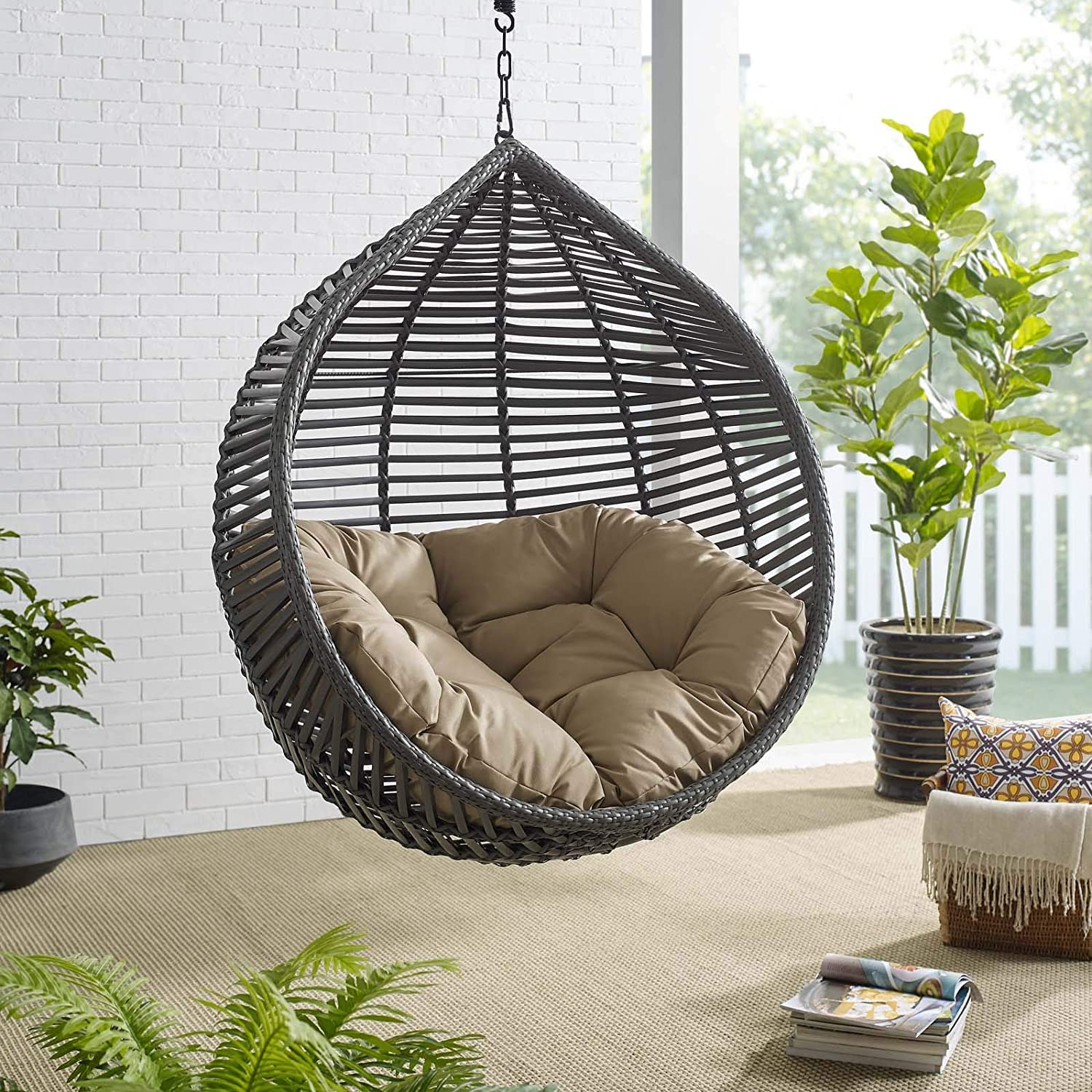 Wicker Rattan Wrought Iron Single Seater Swing Chair Stand For Adults|Garden &amp; Outdoor Hammock Swing Cushions For Kids|Teardrop Swing Hanging Chair W/ Curve Stand|Jhula-114.3 Cm,25.5 Cm,50" - View 4