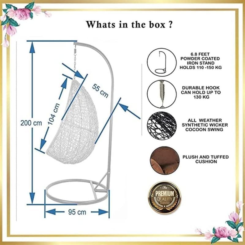 Single Seater Swing Chair with Stand & Cushion Outdoor Indoor Balcony Garden Patio,Powder Coated Frame,UV Protected Wicker,Premium Cushion, Metal - View 4