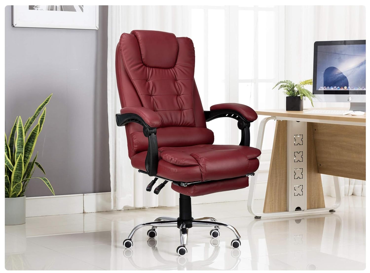 Premium Leatherette Office Chair for Work | 3-Years Warranty | Boss Chair for Office, Ergonomic Executive Chair, Cushioned Arms & Seat, Leg Rest, Heavy Duty Metal Base (Burgundy)